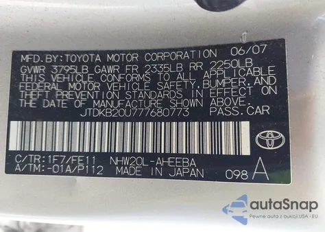 2007 Toyota Prius z USA, uszkodzony, nr VIN JTDKB20U777680773